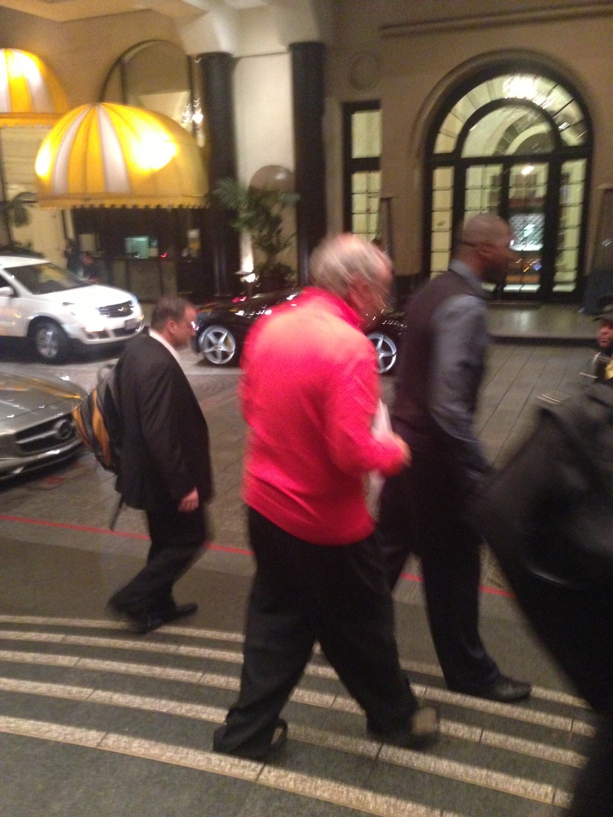 Rockets owner Les Alexander and Hall of Famer Hakeem Olajuwon outside their LA hotel
